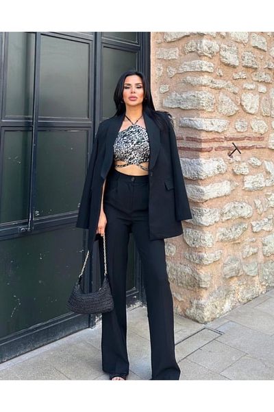 pembekurdelem Black Single Button Women's Jacket and Trousers Set