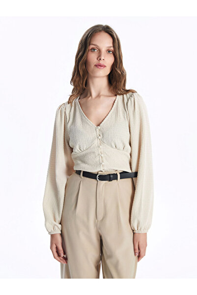 LC Waikiki Beige V-Neck Textured Women's Blouse