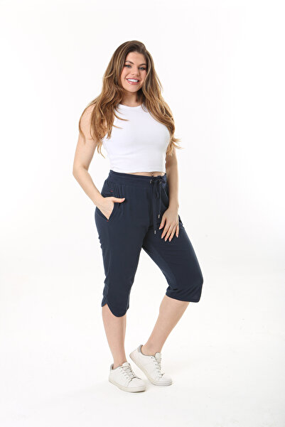 Şans Dámská velká velikost námořnická modrá bavlněná tkanina pasové očko s šněrováním boční kapsa Capri 65N37490