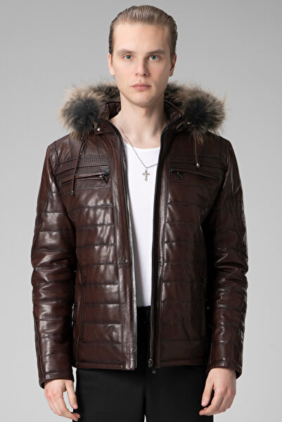 Dericlub E1039 Kapüşonlu Vejetal Gerçek Deri Erkek Mont Kızıl