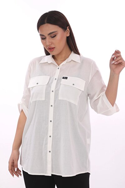 Lady Majestic %100 Cotton Büyük Beden Natural Gömlek