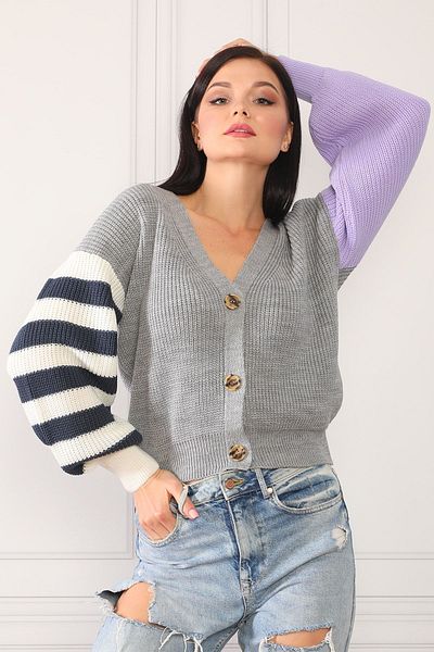 Devinka Women's Gray Color Blocked Trend Model Knitwear Cardigan