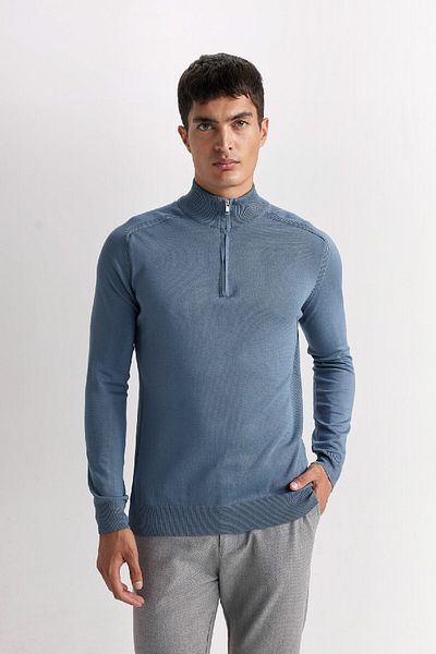 DeFacto Μπλε πλεκτό πουλόβερ - Standard Fit, Half Fisherman Half Zipper D0624ax24au