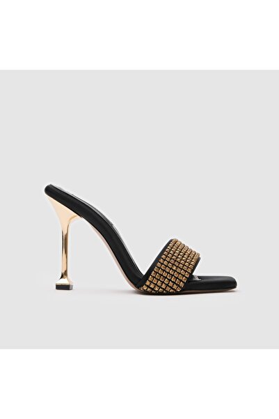 TOGO Siyah Saten Gold Kadın Abiye Terlik [060238]