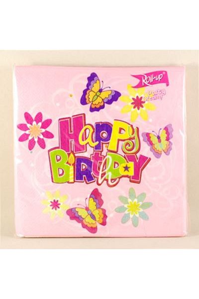 Roll-Up 33*33cm Napkin 20pcs - Pink Butterfly Happy Birthday