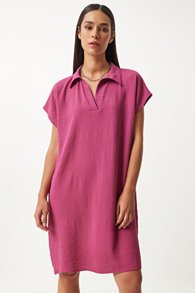 Lovelyİstanbul Πόλο Λαιμόκοψη Καλοκαιρινό Φαρδύ Λινό Φόρεμα Ayrobin DAMSON LT...