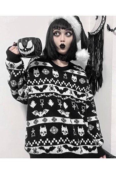 DarkellaStore Pulover tricotat gotic punk de Crăciun de Anul Nou cu liliac