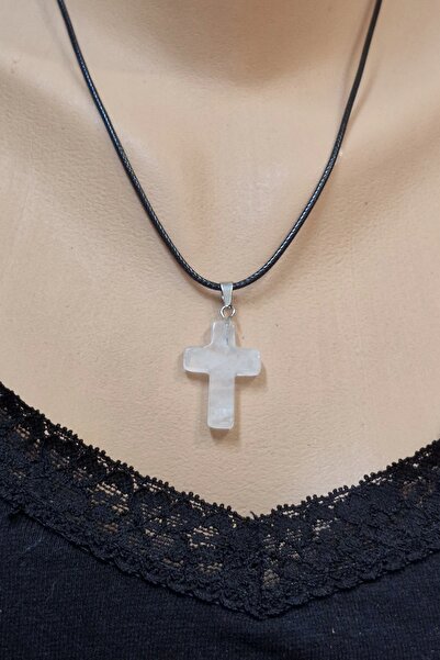 Pozitif Doğal Taş Kristal Kuvars Haç Kolye 104-6