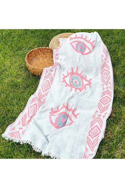 Bidoluraf 90x180 Loincloth-Pink Muslin Eye Patterned Double Sided Rug Beach Towel