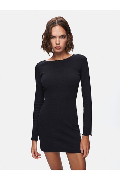 Ltb Straight Boat Neck Long Sleeve Fit Midi Black Dress