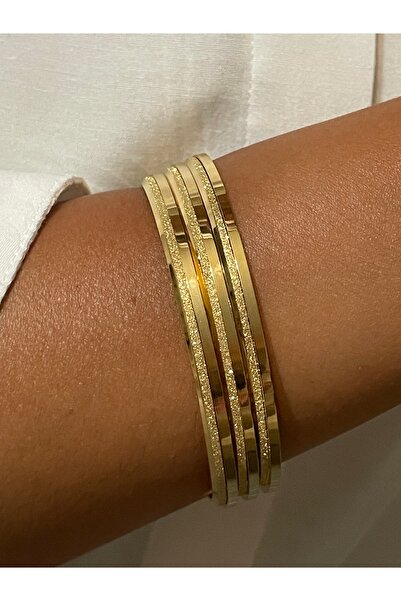 Tasarım Stainless Steel Ajda Simli Desenli Gold Renk Bilezik