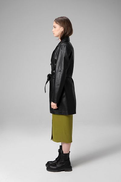 Dericlub Cosmos Black Women's Trench Coat - Buttoned, Genuine Leather, Double Breasted Collar