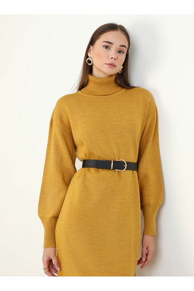 Refka Mustard Colored Balloon Sleeve Knitwear Hijab Dress
