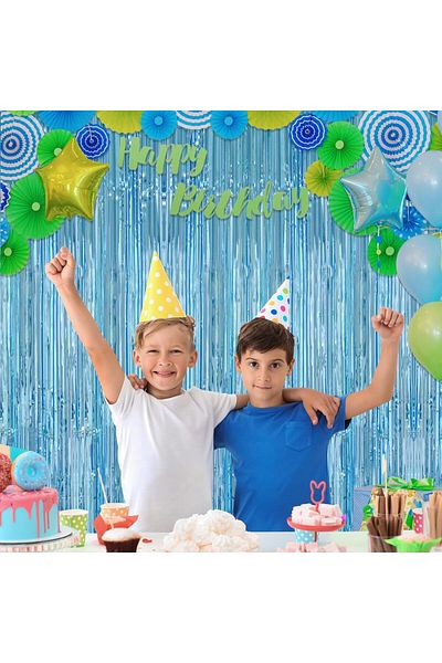 colezium Light Blue Color Extra Metallized Shiny Fringed Background Curtain Imported A Quality 1x2 Meters