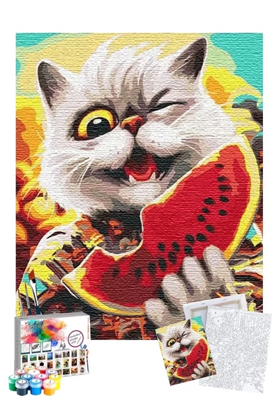 Tabdiko Sayılarla Boyama Seti 40 x 50 cm Tuval Şasesine Gerili Kedi ve Karpuz