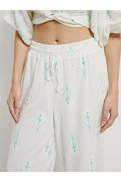 LC Waikiki White Elastic Waist Embroidered Wide Leg Women's Trousers