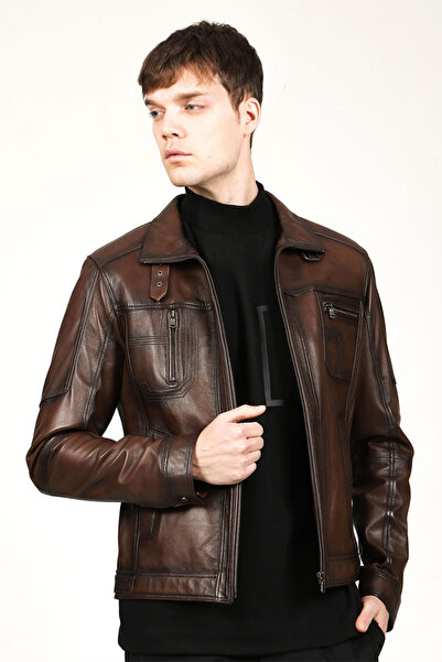 Dericlub E1047 Gerçek Deri Erkek Mont Camel Antik