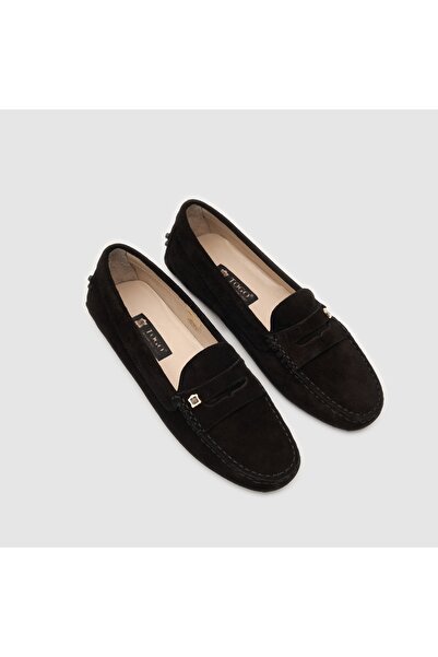 TOGO Siyah Süet Hakiki Deri Kadın Loafer Ayakkabı [060038]