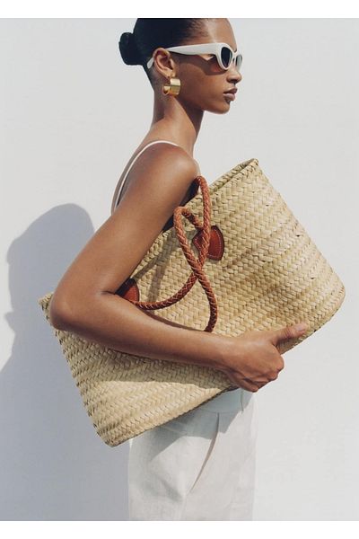 MANGO Woman Tasche aus Naturfaser mit Ledergriff