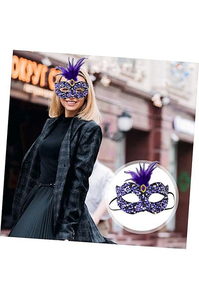 Wovna Colorful Sequined Sequin on Black Velvet Purple Feather Purple Stone Party Mask 19x21 Cm