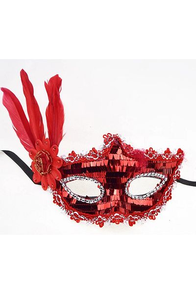 CEKAVE Red Sequined Sequin Red Color Side Feather Party Mask 18x22 Cm