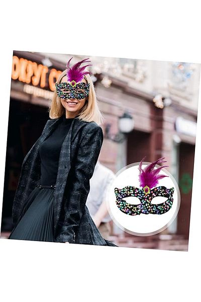 Wovna Colorful Sequined Pink Feather Pink Stone Party Mask on Black Velvet 19x21 Cm