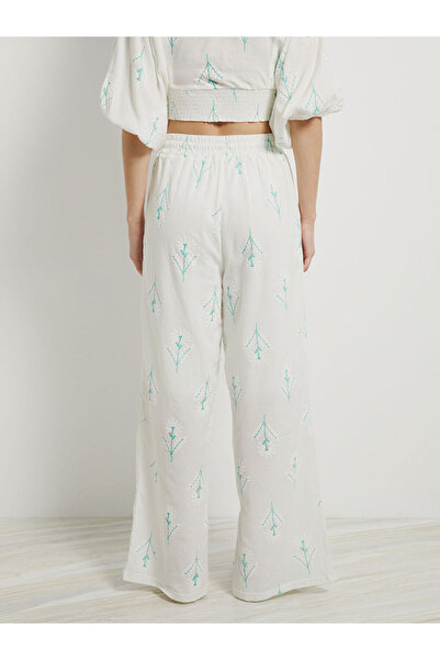 LC Waikiki White Elastic Waist Embroidered Wide Leg Women's Trousers