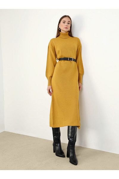 Refka Mustard Colored Balloon Sleeve Knitwear Hijab Dress