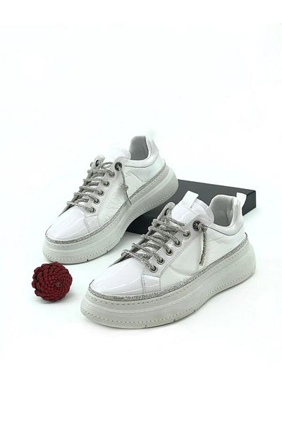 Prego (Park Moda) Λευκά Γυναικεία Αθλητικά Παπούτσια - Casual με πέτρινο πατάκι και κορδόνια