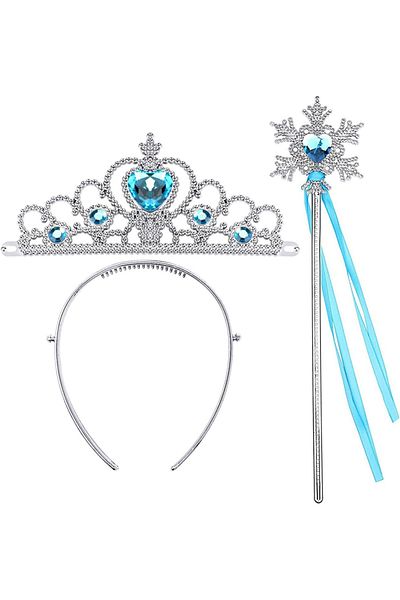 CEKAVE Frozen Elsa Blue Heart Crown and Snow Themed Wand Set