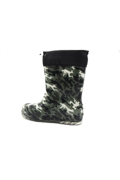 Prego İçi Polar Yünlü Dışı Plastik Çocuk Yağmur Çizme SİYAH YEŞİL