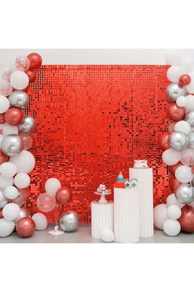 colezium Red Color Rectangular Cut Shiny Glitter Look Background Curtain Decor 1X2 Meter