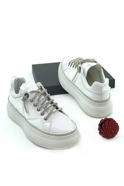 Prego (Park Moda) Λευκά Γυναικεία Αθλητικά Παπούτσια - Casual με πέτρινο πατάκι και κορδόνια
