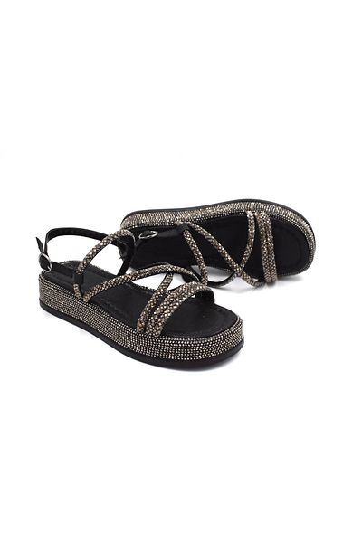 Prego Women's Black Sandals with Stone Detail - Park Moda