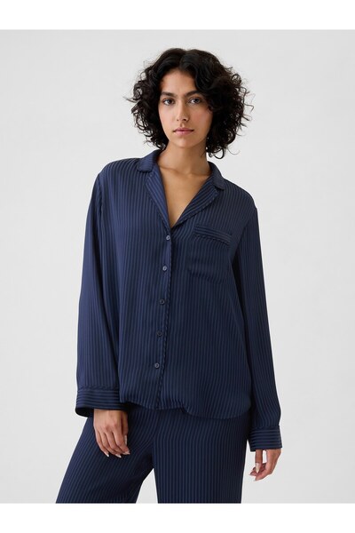 GAP Kadın Lacivert Saten Pijama Üstü