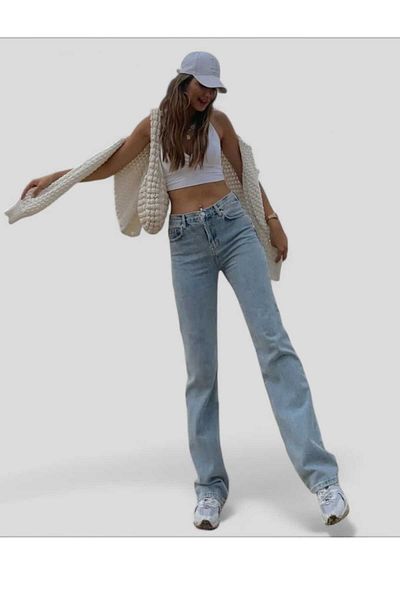 TRENDNATUREL Blugi Palazzo din Lycra albastru din anii '90 Alice - albastru mediu, spălat cu zăpadă, talie super extra înaltă