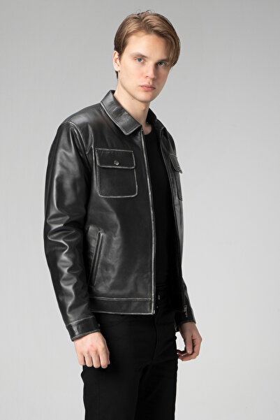 Dericlub Wm218 Gerçek Deri Erkek Mont Siyah/ Beyaz