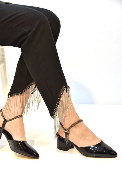 Prego Wiesse Black Patent Leather Women's Heeled Shoes - Stone Piping Detail
