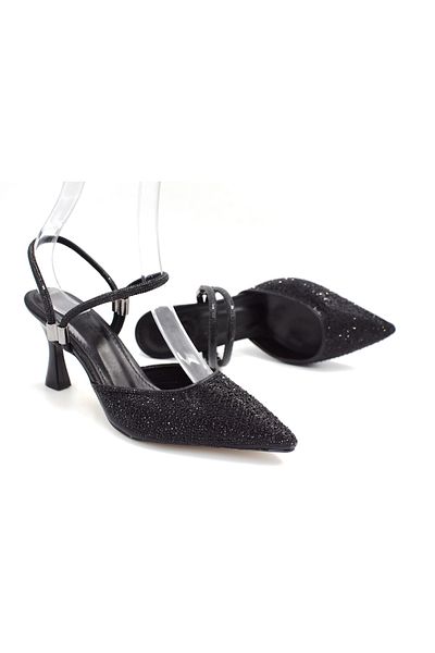 Prego Women's Black Heeled Shoes with Drop and Stone Detail - Closed Toe