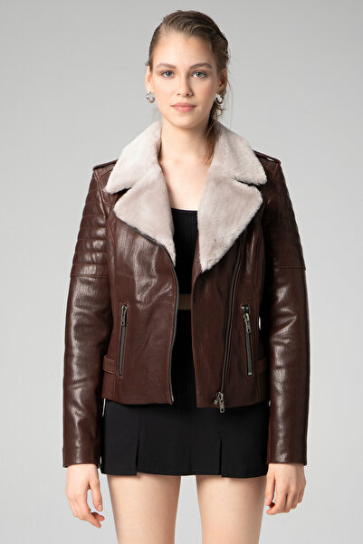 Dericlub K2370 Jumbo Gerçek Deri Yaka Kürklü Kadın Mont Fındık