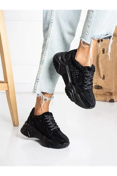Prego Grey Stone - Pantofi sport ușori pentru femei, cu șireturi, cu talpă înaltă, negri