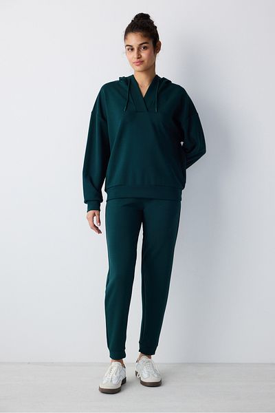 Penti Dark Green V-Neck Hooded Silky Touch Sweatshirt