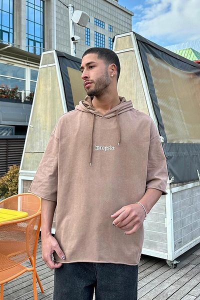 HAFKAGİYİM Καφέ Dropsize Κέντημα με λεπτομέρεια με κουκούλα PH Oversize T-shirt