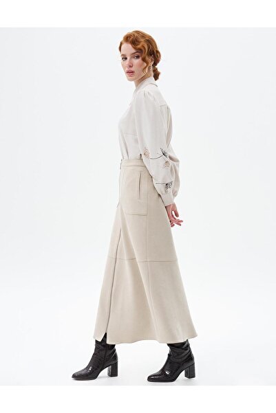 Kayra Nakışlı Gömlek Yaka Bluz Krem