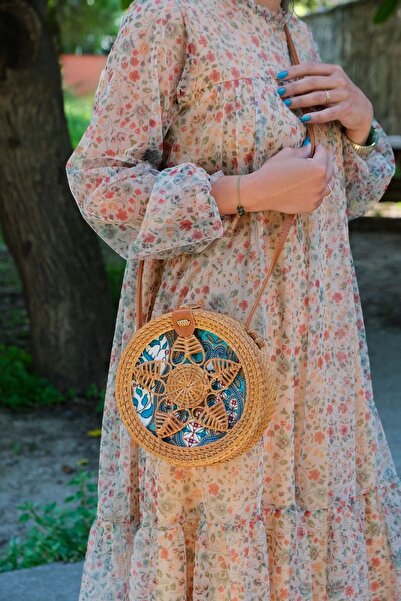 AVANTAGE HOME Melisa - Rattan El Yapımı Deri Askı Detaylı Hasır Yuvarlak Omuz Çantası