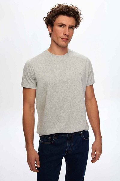 D'S Damat Ds Damat Regular Fit Γκρι μονόχρωμο πλεκτό κεντημένο 100% βαμβακερό μπλουζάκι