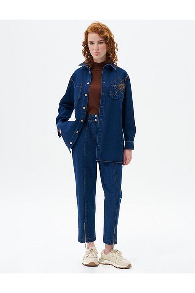 Kayra Navy Blue Denim Trousers - Zipped Leg