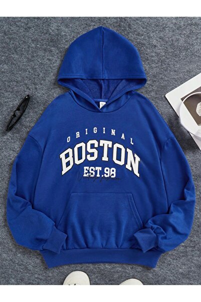 coolart Бостън Est 98 Суитшърт - Сакс синьо принтирано овърсайз качулка