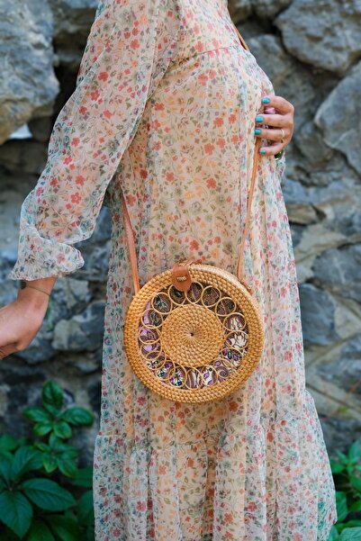 AVANTAGE HOME Valentina - Rattan El Yapımı Deri Askı Detaylı  Hasır Yuvarlak Omuz Çantası