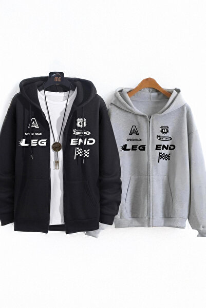 MODARİCH 2'li Legend Hırka - Siyah Gri Baskılı Kışlık Oversize Kapüşonlu Ferm...